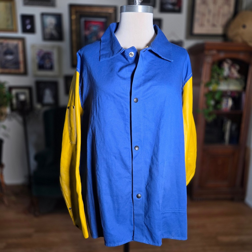 Vintage Y2K Tillman Jacket Blue Cotton Yellow Leather Sleeves Welding Shirt Mens - Picture 2 of 8